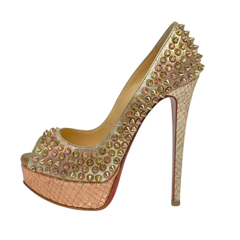 Christian Louboutin 鞋跟高跟鞋凉鞋 EU:35.5 US:5.5 金色皮革钉钉镶嵌-