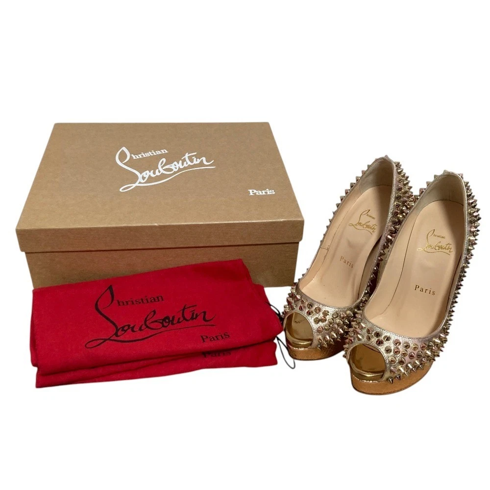 Christian Louboutin 鞋跟高跟鞋凉鞋 EU:35.5 US:5.5 金色皮革钉钉镶嵌-