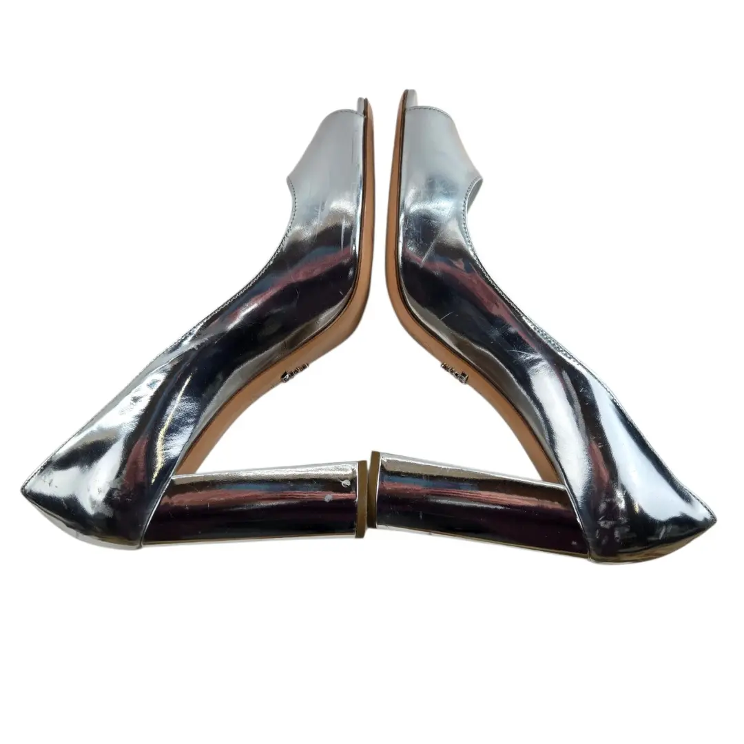 Prada Pumps 女式 8.5 38.5 正品金属银色皮革方跟露趾-