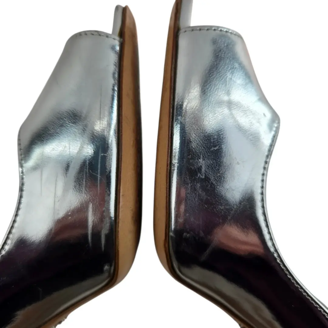 Prada Pumps 女式 8.5 38.5 正品金属银色皮革方跟露趾-