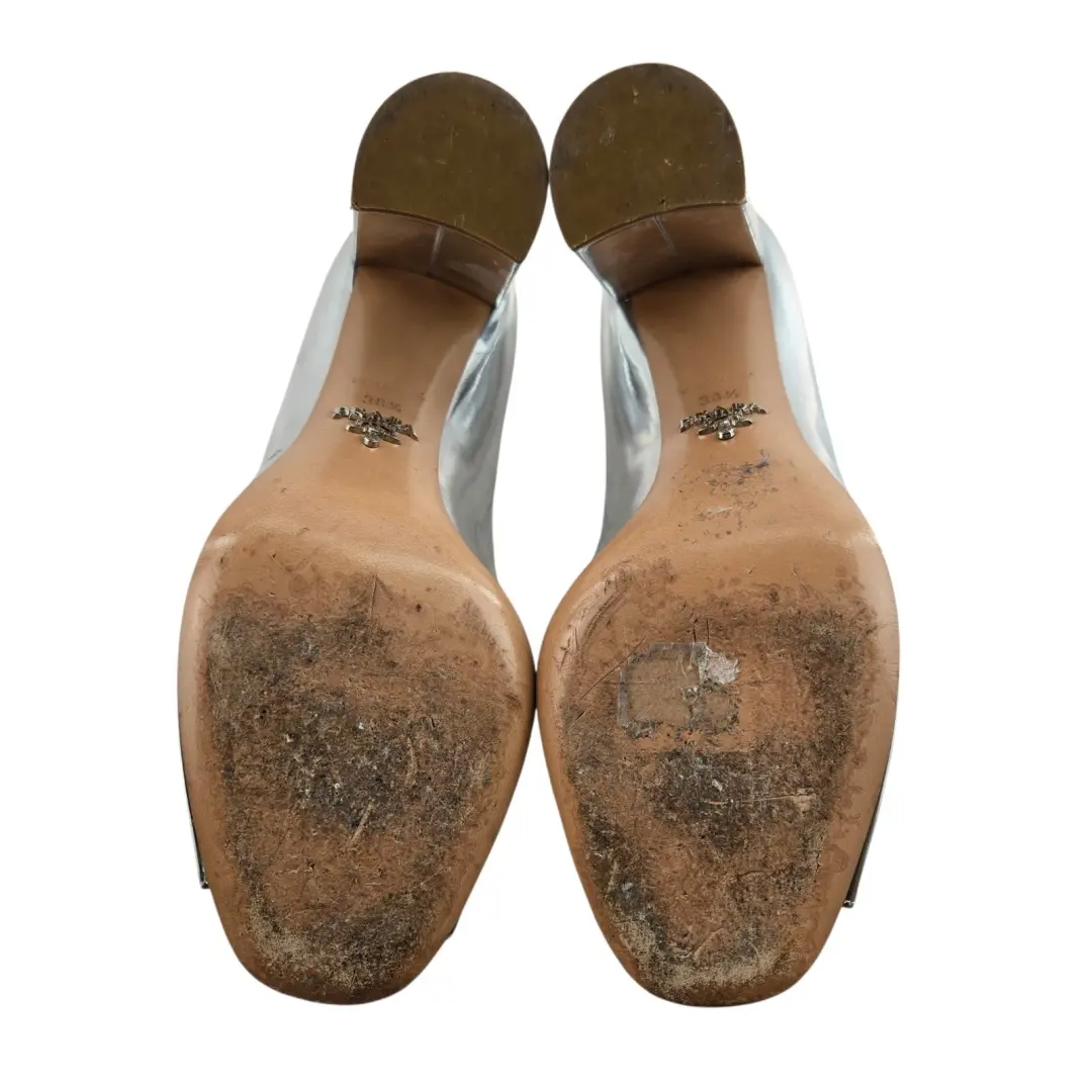 Prada Pumps 女式 8.5 38.5 正品金属银色皮革方跟露趾-