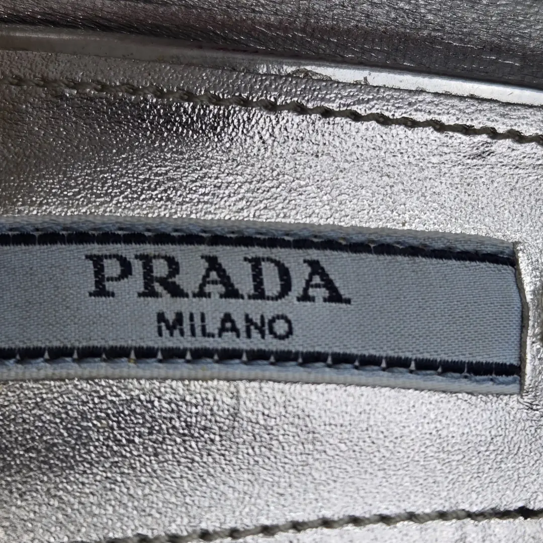 Prada Pumps 女式 8.5 38.5 正品金属银色皮革方跟露趾-