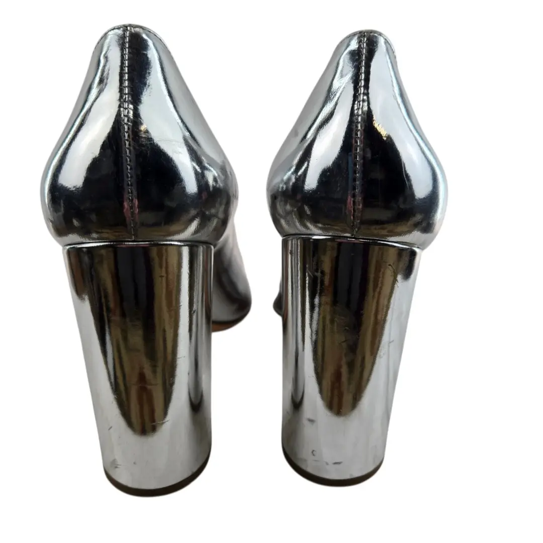 Prada Pumps 女式 8.5 38.5 正品金属银色皮革方跟露趾-