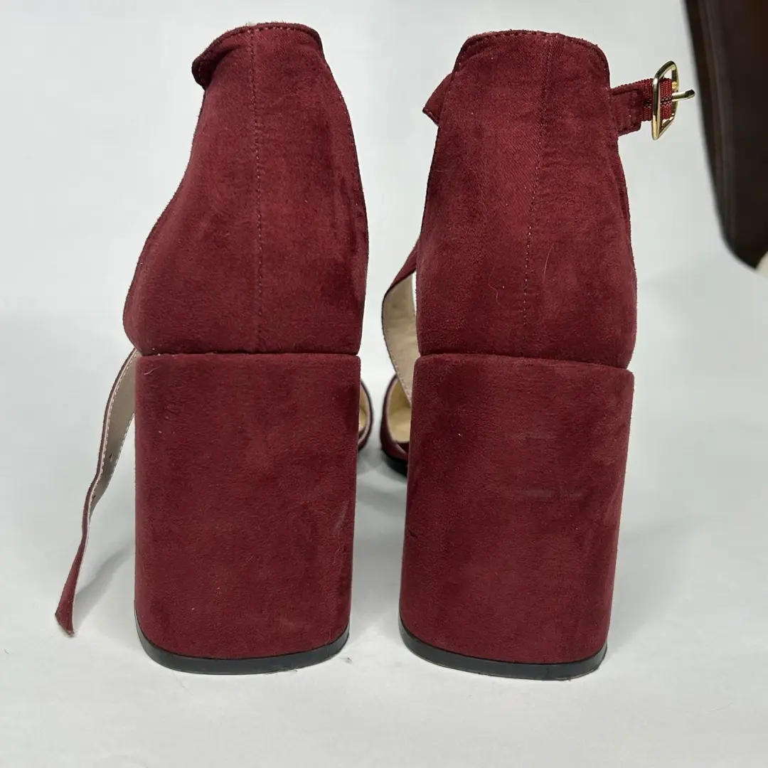 Lulus 女式 SZ 11 勃艮第人造麂皮绒尖头踝带粗跟-
