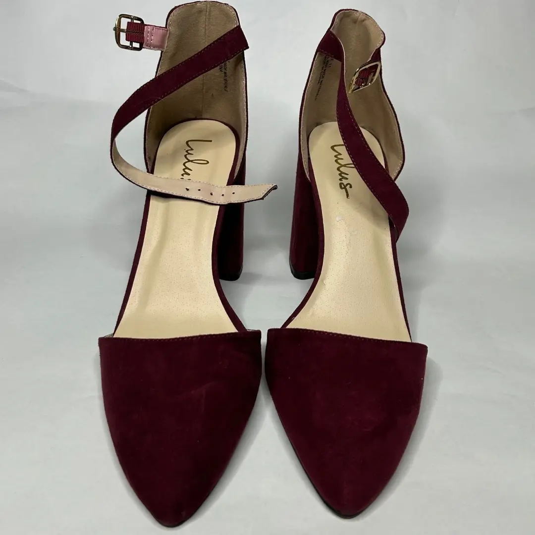 Lulus 女式 SZ 11 勃艮第人造麂皮绒尖头踝带粗跟-