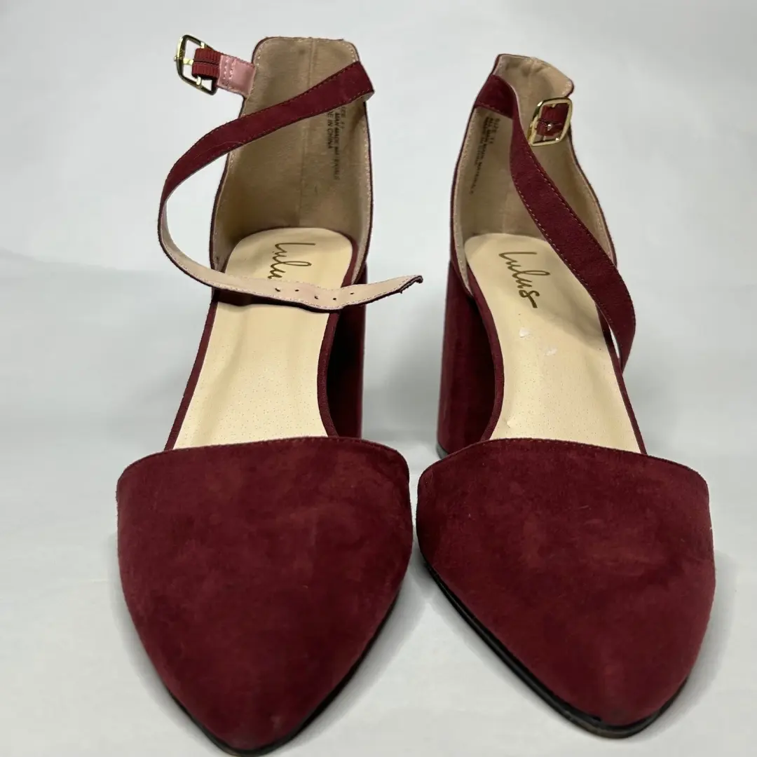 Lulus 女式 SZ 11 勃艮第人造麂皮绒尖头踝带粗跟-