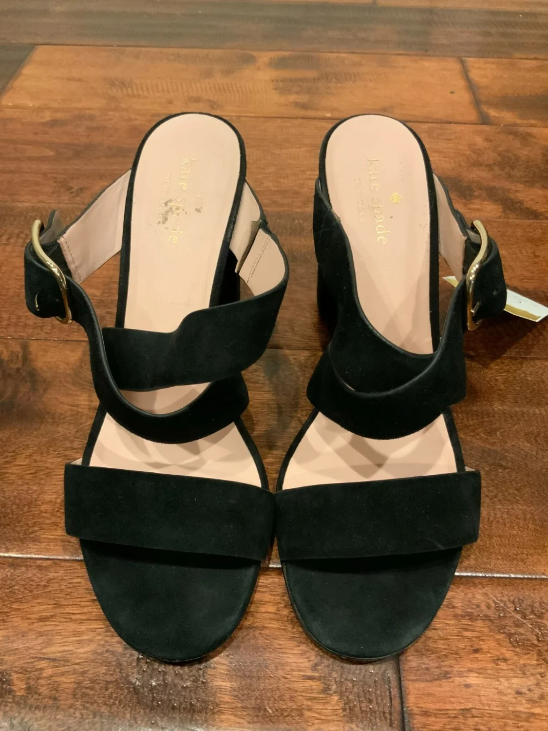 Kate Spade 黑色麂皮绒绑带楔形高跟鞋,9 码(美国)-
