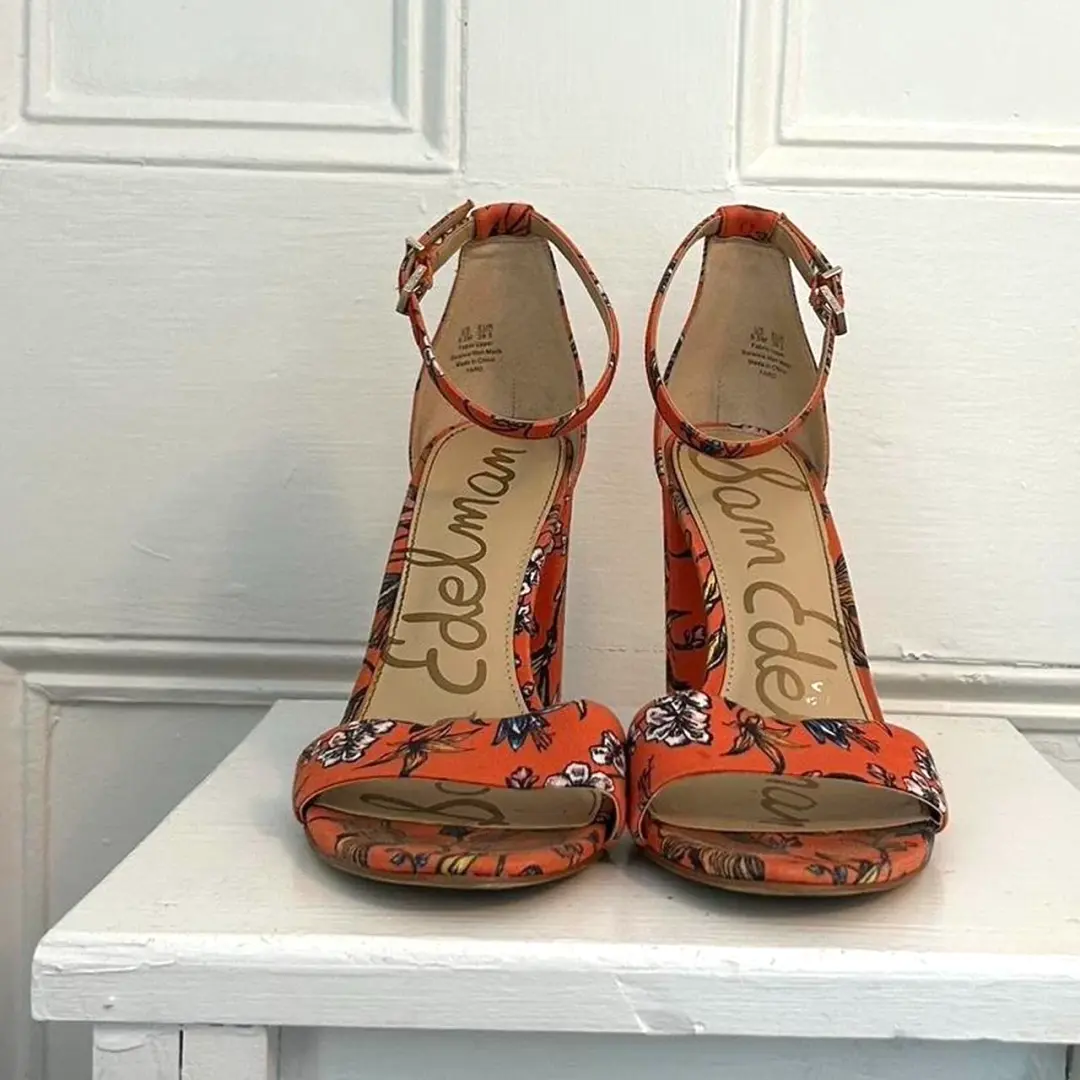 Sam Edelman 橙色花卉印花粗跟凉鞋,9 码,状况良好-