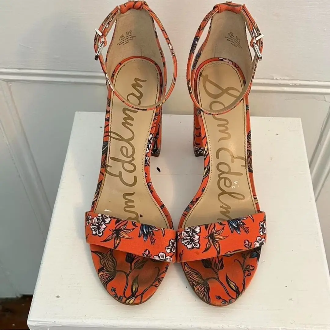Sam Edelman 橙色花卉印花粗跟凉鞋,9 码,状况良好-