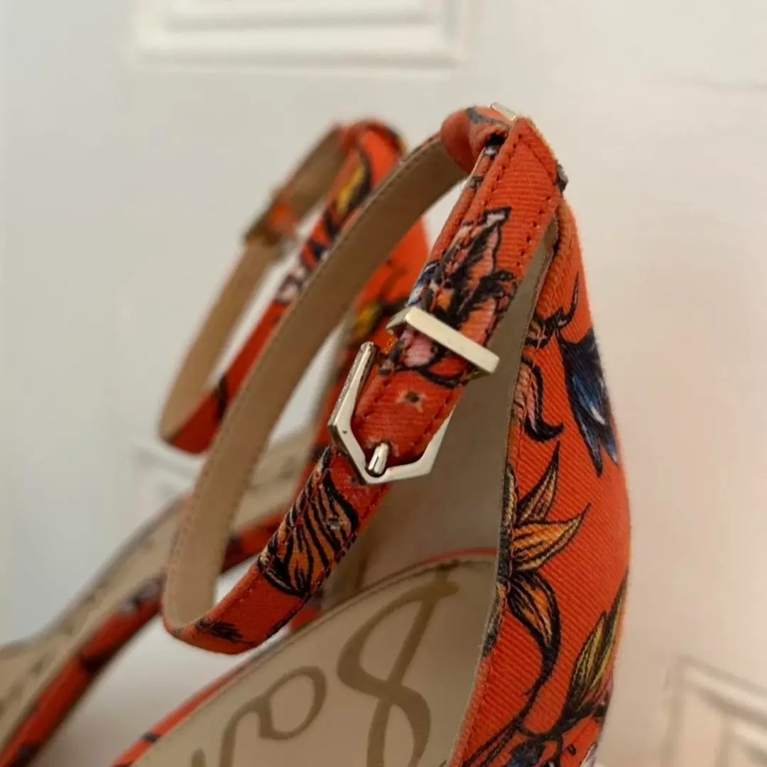 Sam Edelman 橙色花卉印花粗跟凉鞋,9 码,状况良好-