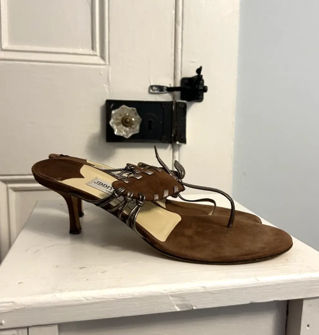 复古 Y2K 正品 Jimmy Choo 棕色纳帕麂皮绒中跟鞋凉鞋 40.5-
