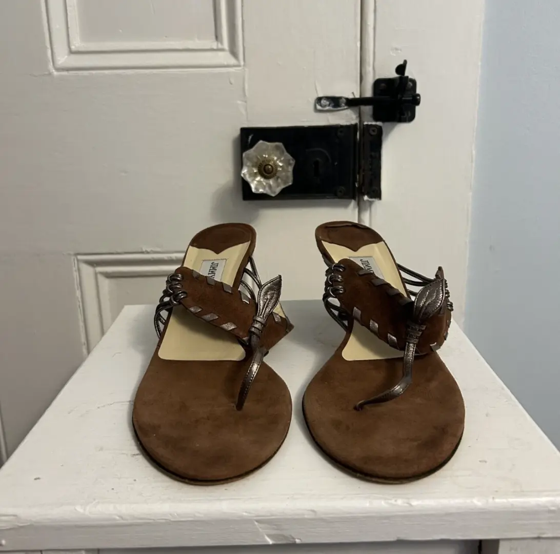 复古 Y2K 正品 Jimmy Choo 棕色纳帕麂皮绒中跟鞋凉鞋 40.5-