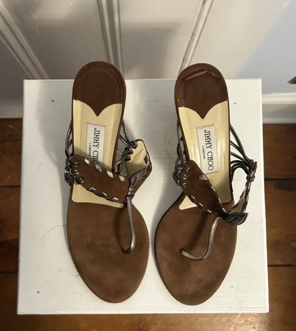 复古 Y2K 正品 Jimmy Choo 棕色纳帕麂皮绒中跟鞋凉鞋 40.5-