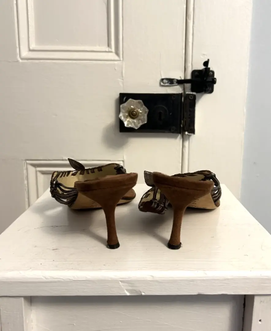 复古 Y2K 正品 Jimmy Choo 棕色纳帕麂皮绒中跟鞋凉鞋 40.5-