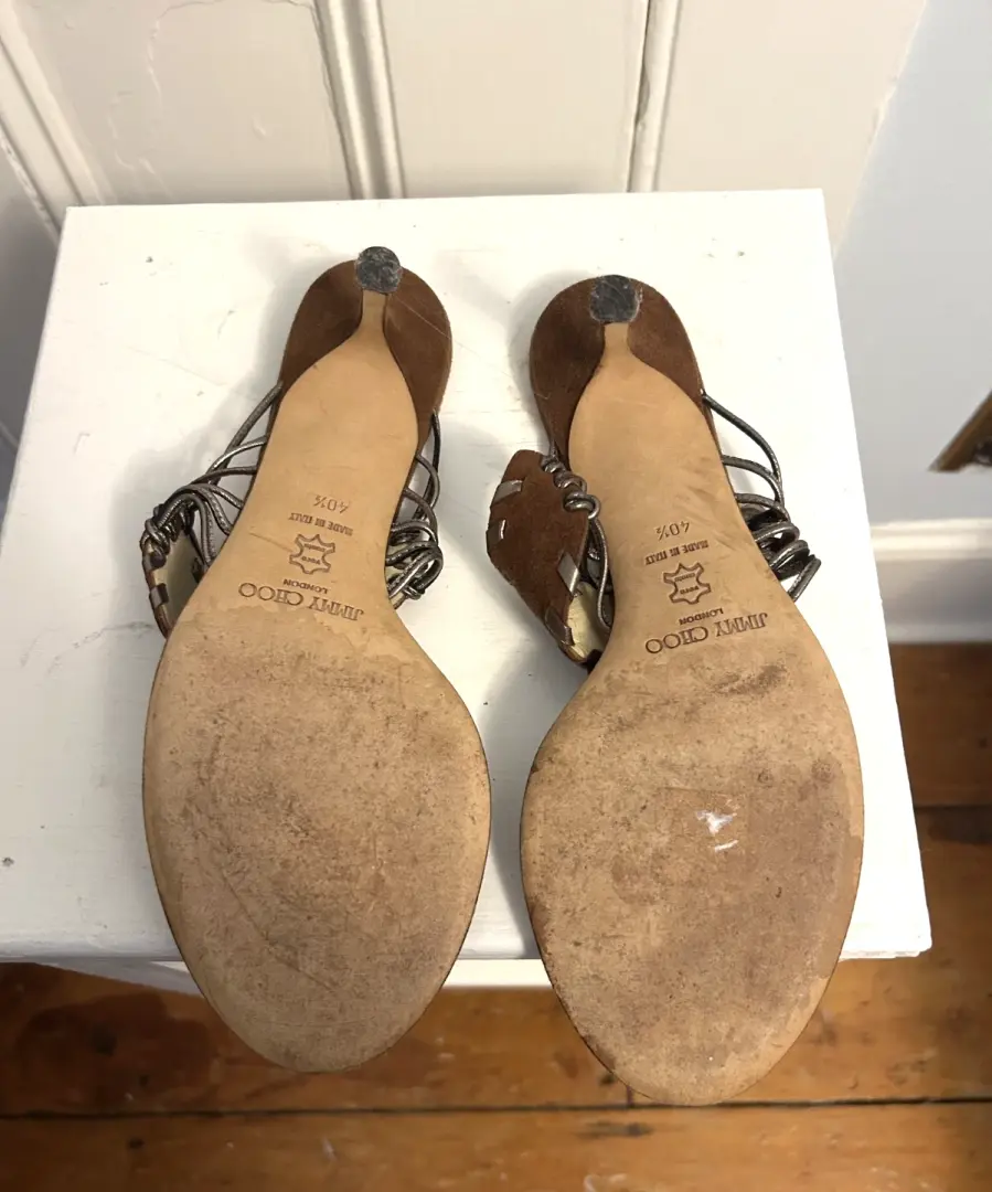 复古 Y2K 正品 Jimmy Choo 棕色纳帕麂皮绒中跟鞋凉鞋 40.5-