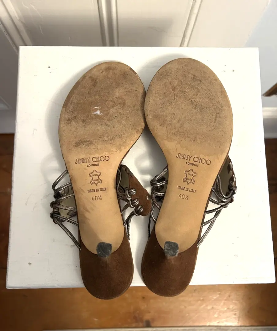 复古 Y2K 正品 Jimmy Choo 棕色纳帕麂皮绒中跟鞋凉鞋 40.5-