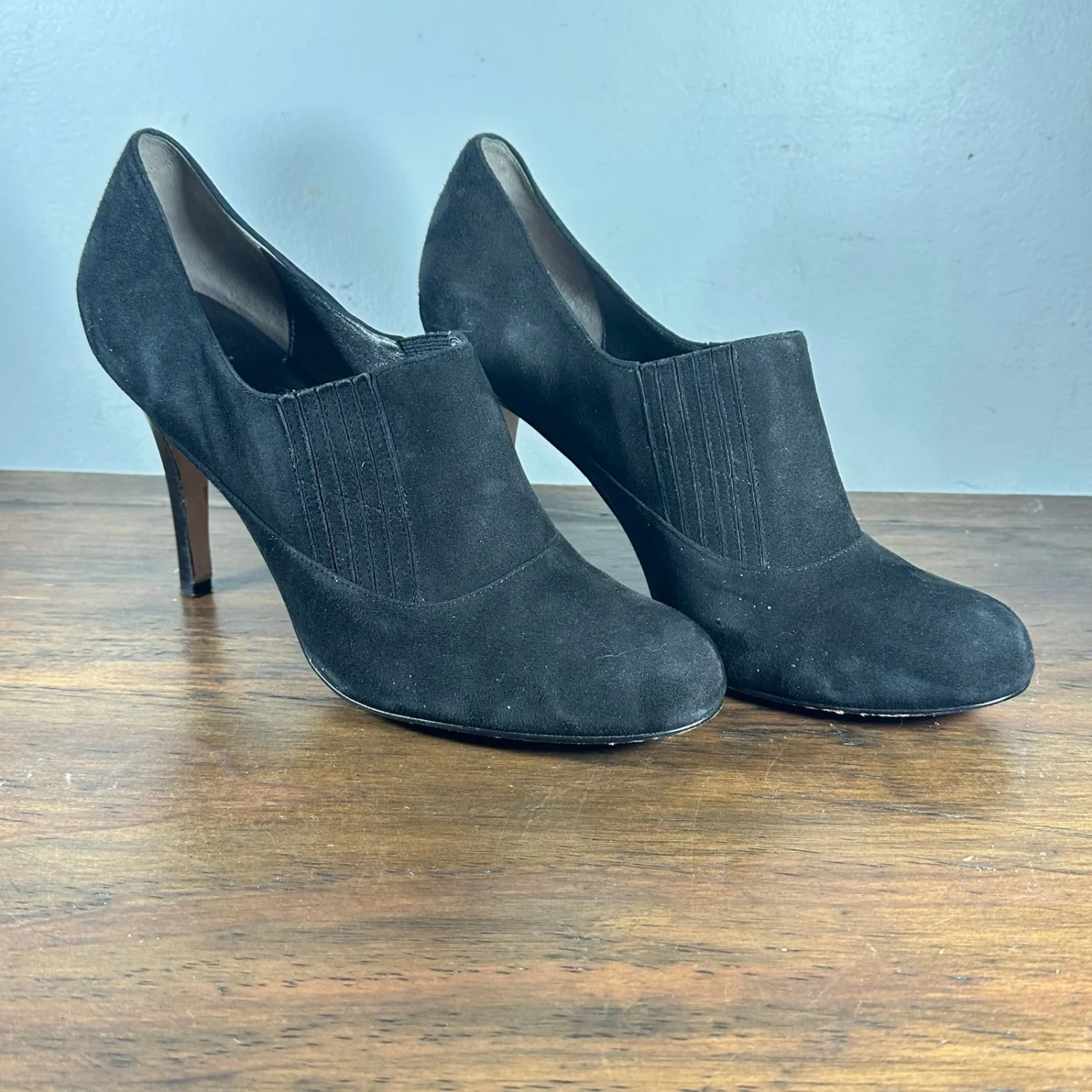 COLE HAAN Talia Gore 黑色麂皮绒皮革高跟短靴女式 10B-