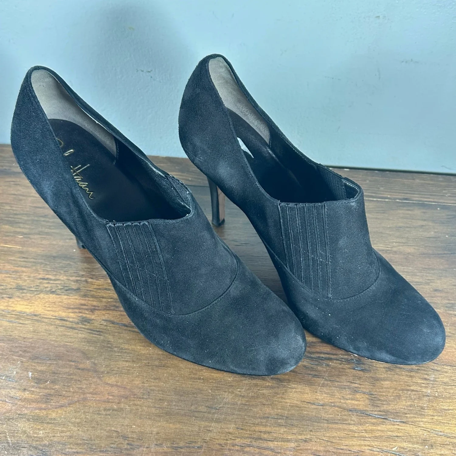 COLE HAAN Talia Gore 黑色麂皮绒皮革高跟短靴女式 10B-