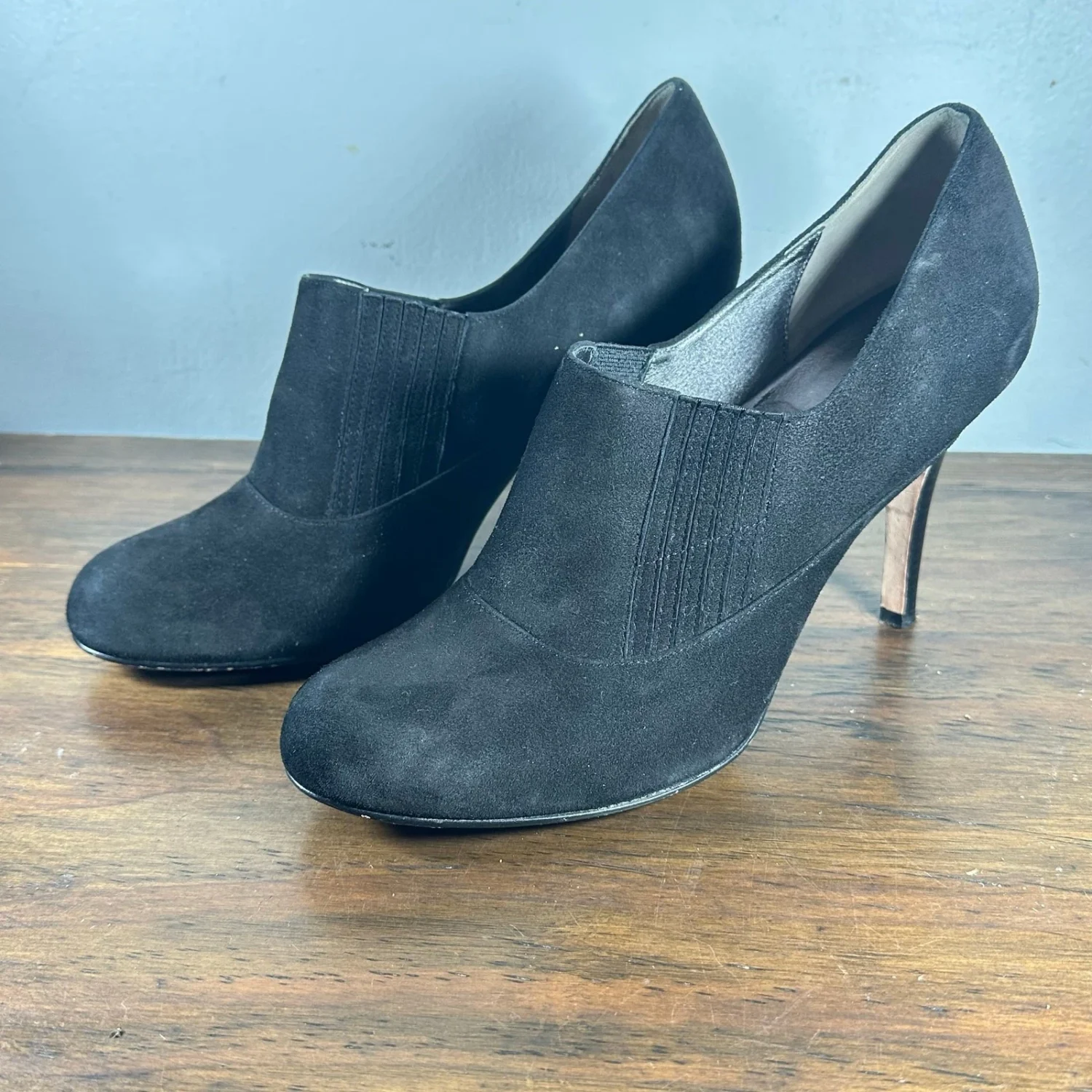 COLE HAAN Talia Gore 黑色麂皮绒皮革高跟短靴女式 10B-