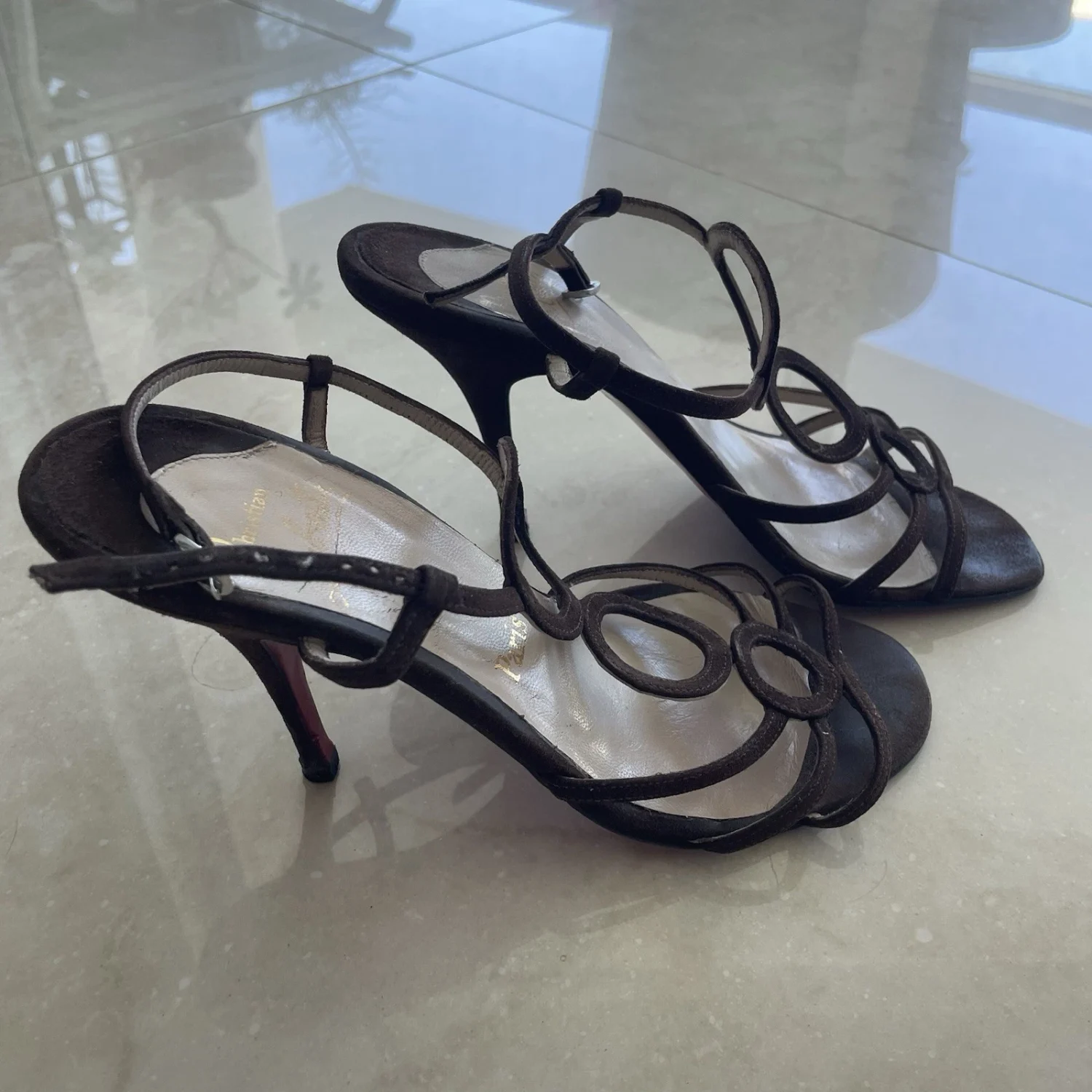 Christian Louboutin 棕色绑带高跟鞋凉鞋 37 美码 6.5 圆设计巴黎-