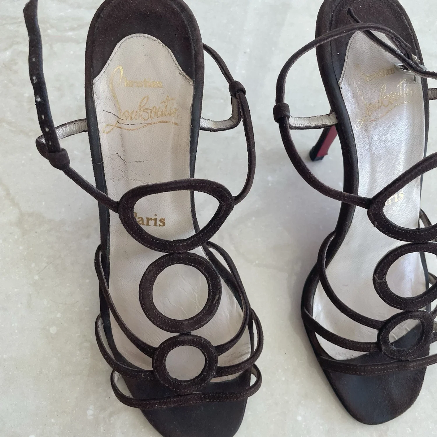 Christian Louboutin 棕色绑带高跟鞋凉鞋 37 美码 6.5 圆设计巴黎-