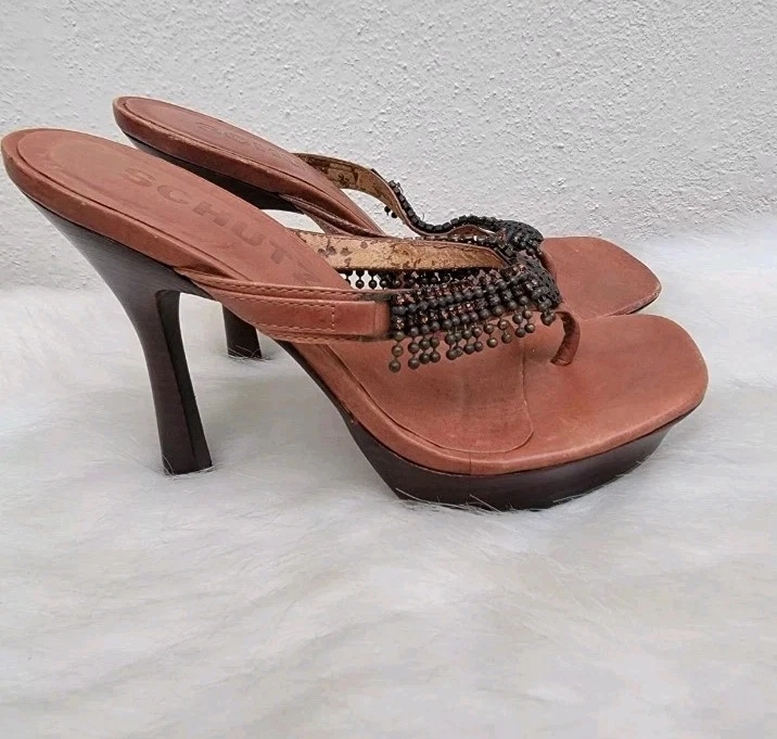 Schutz 大浅盘镶嵌高跟鞋凉鞋棕色 Wmns 尺寸 6B-