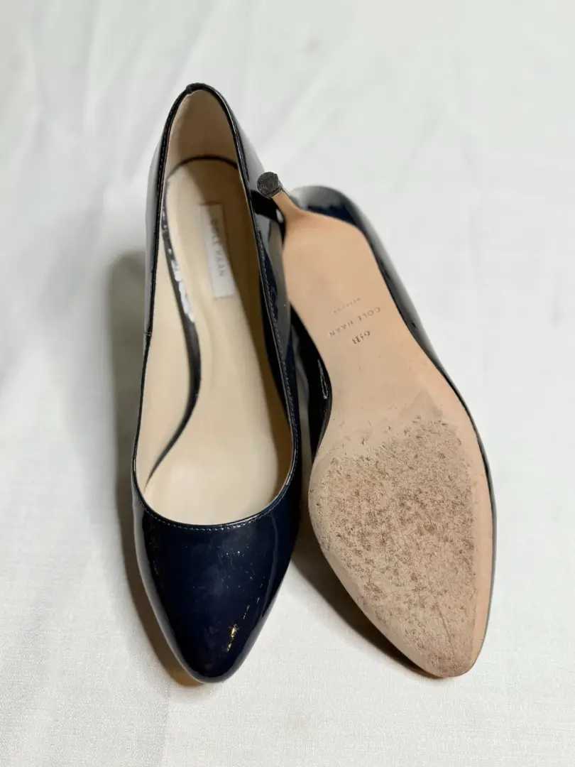 Cole Haan 黑色蓝色漆皮高跟鞋女式杏仁鞋头 6 1/2B 鞋跟-