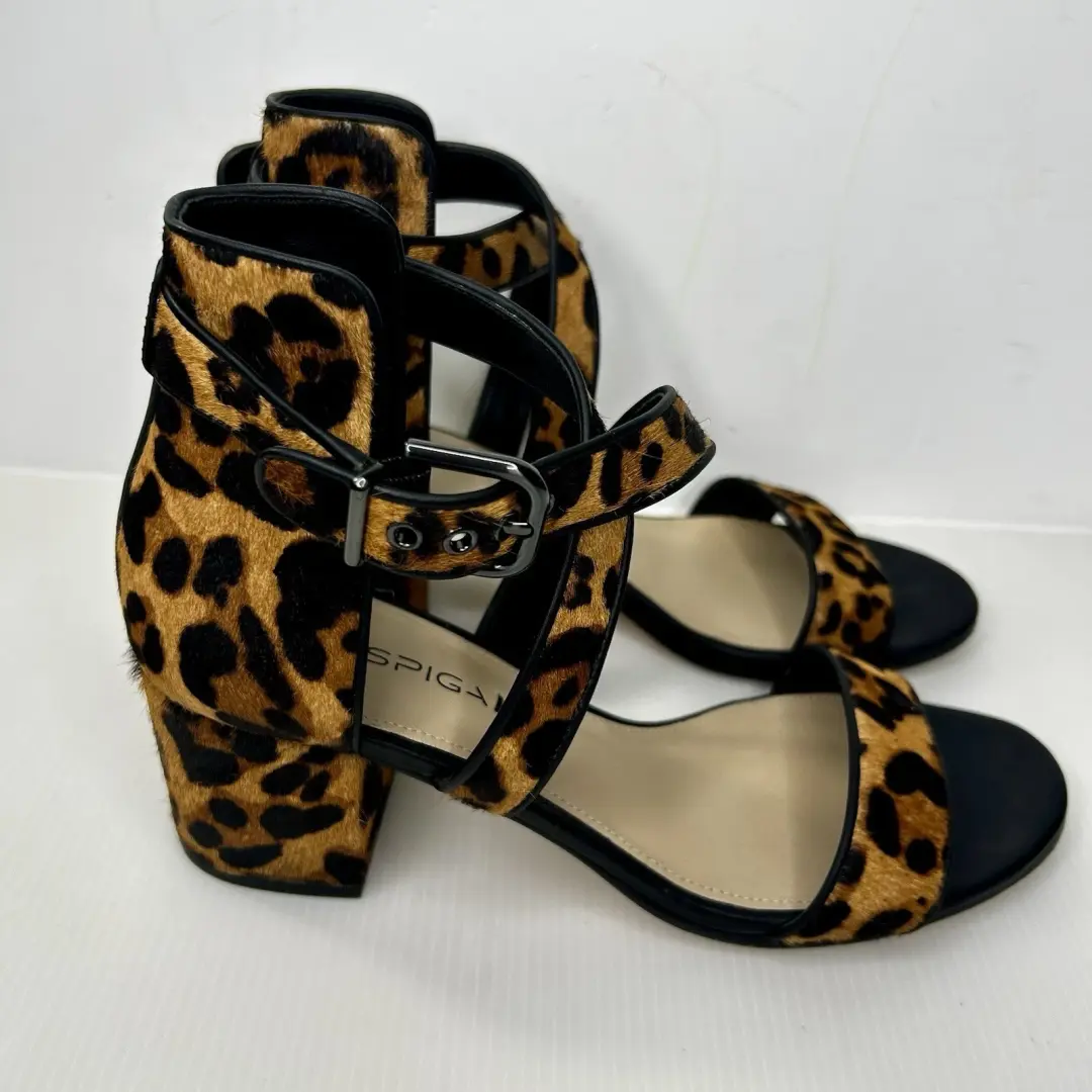 VIA SPIGA 豹纹小腿毛粗跟绑带尺寸 US 8 M EUR38 真毛皮-