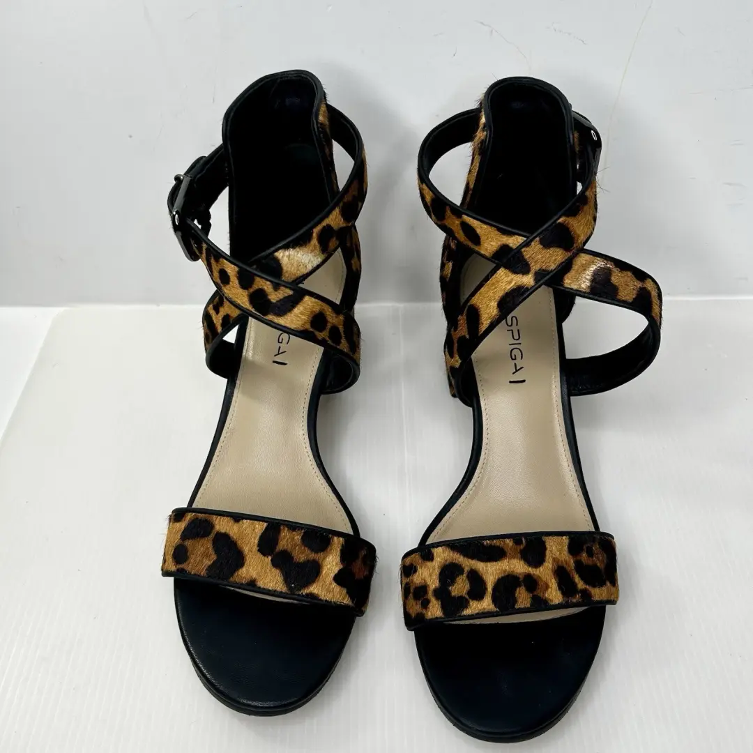 VIA SPIGA 豹纹小腿毛粗跟绑带尺寸 US 8 M EUR38 真毛皮-
