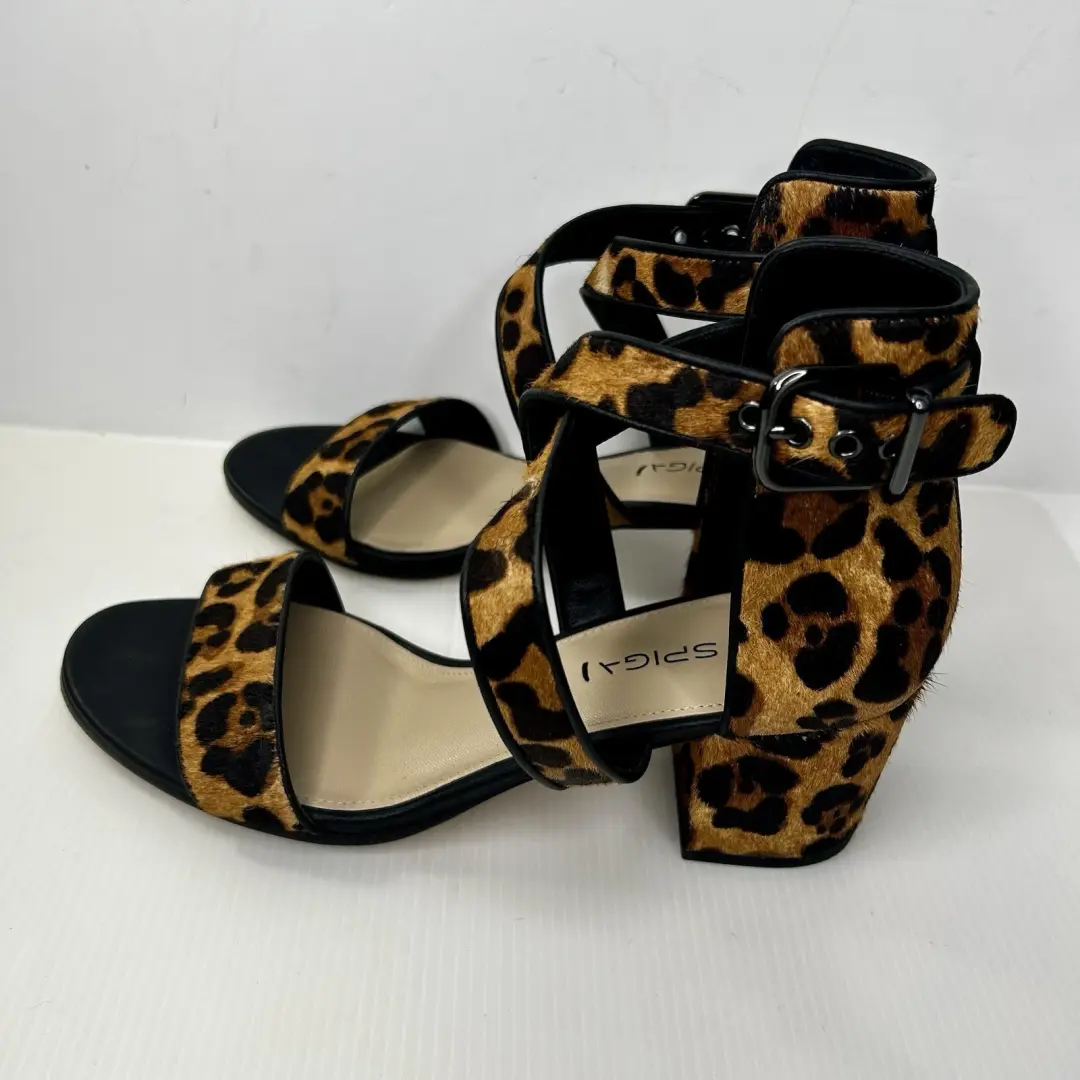 VIA SPIGA 豹纹小腿毛粗跟绑带尺寸 US 8 M EUR38 真毛皮-
