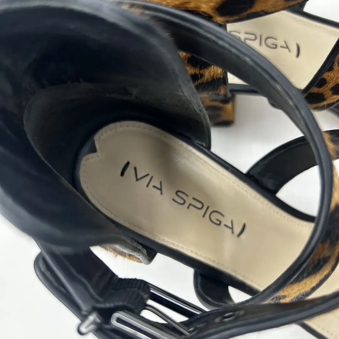 VIA SPIGA 豹纹小腿毛粗跟绑带尺寸 US 8 M EUR38 真毛皮-