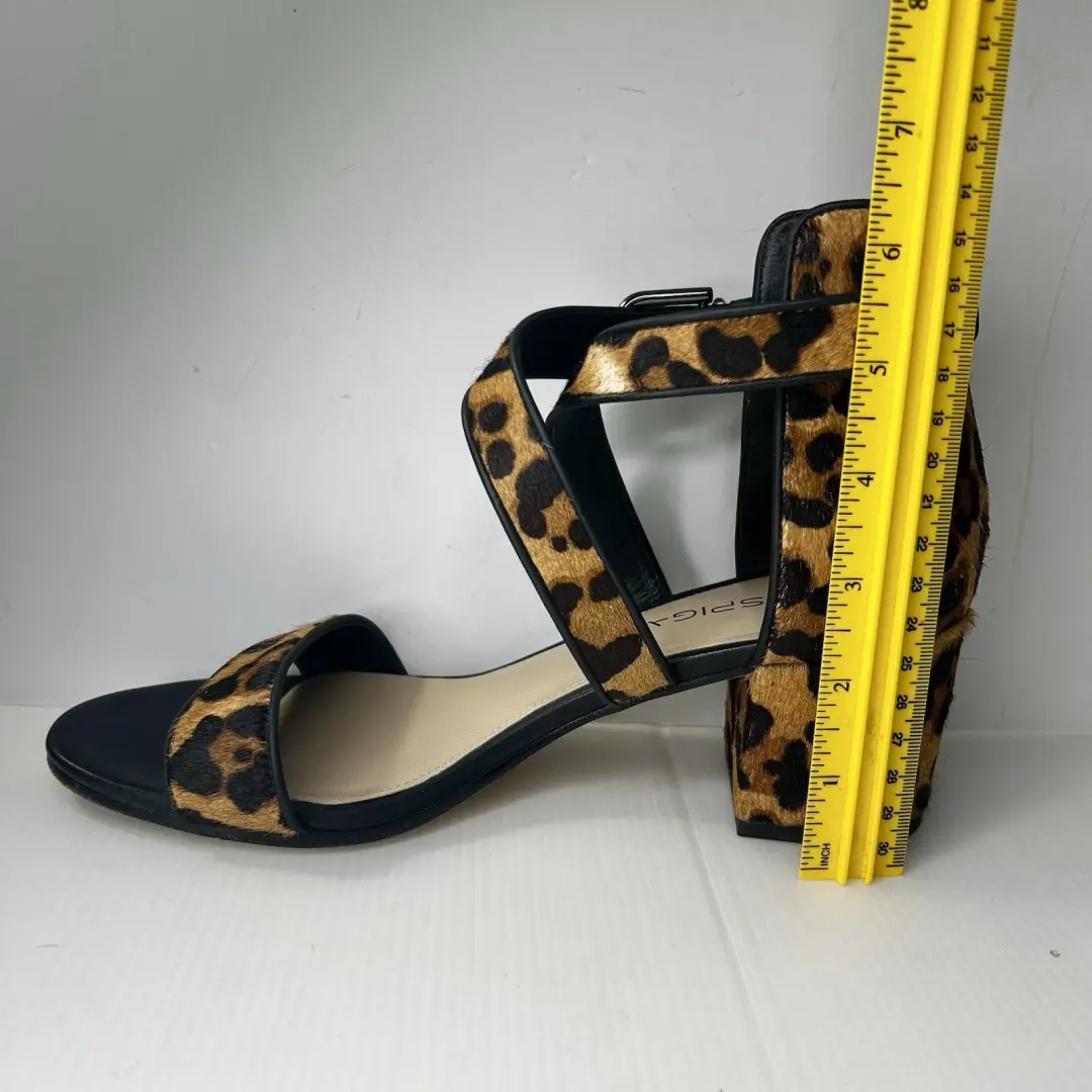 VIA SPIGA 豹纹小腿毛粗跟绑带尺寸 US 8 M EUR38 真毛皮-