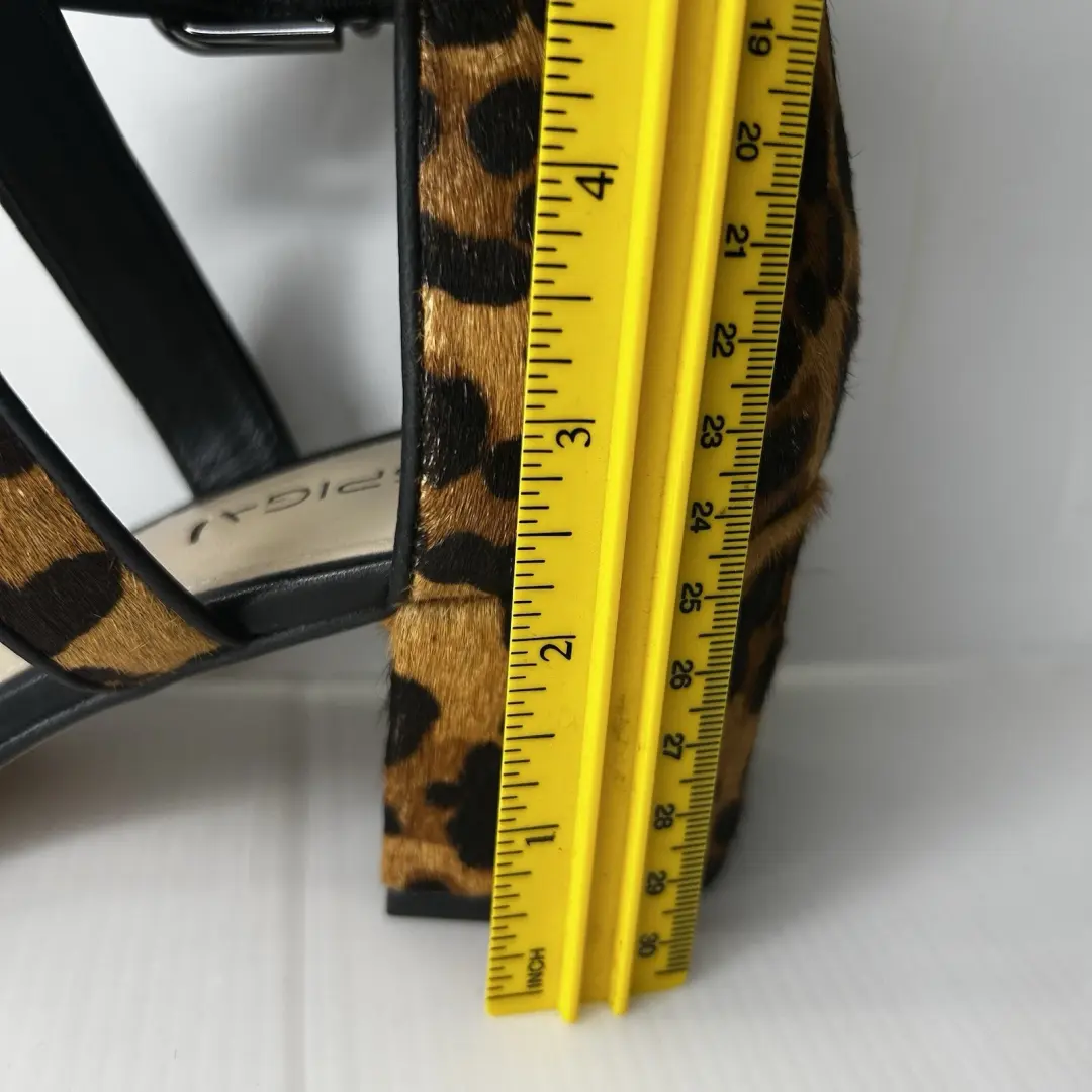 VIA SPIGA 豹纹小腿毛粗跟绑带尺寸 US 8 M EUR38 真毛皮-