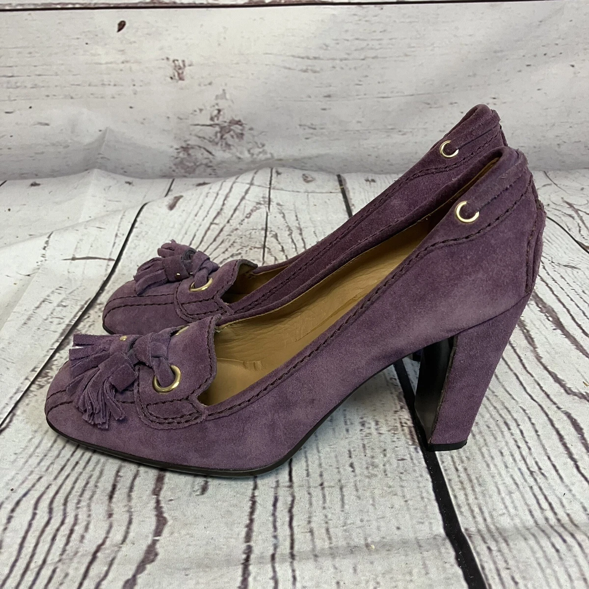 The Original Car Shoe Pumps 女式 37EU 6.5US 紫色麂皮绒流苏高跟鞋-