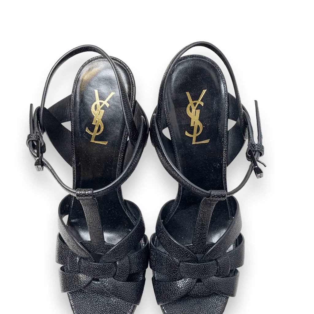 Saint Laurent Tribute 黑色粒面皮革厚底高跟鞋凉鞋 40.5 码-
