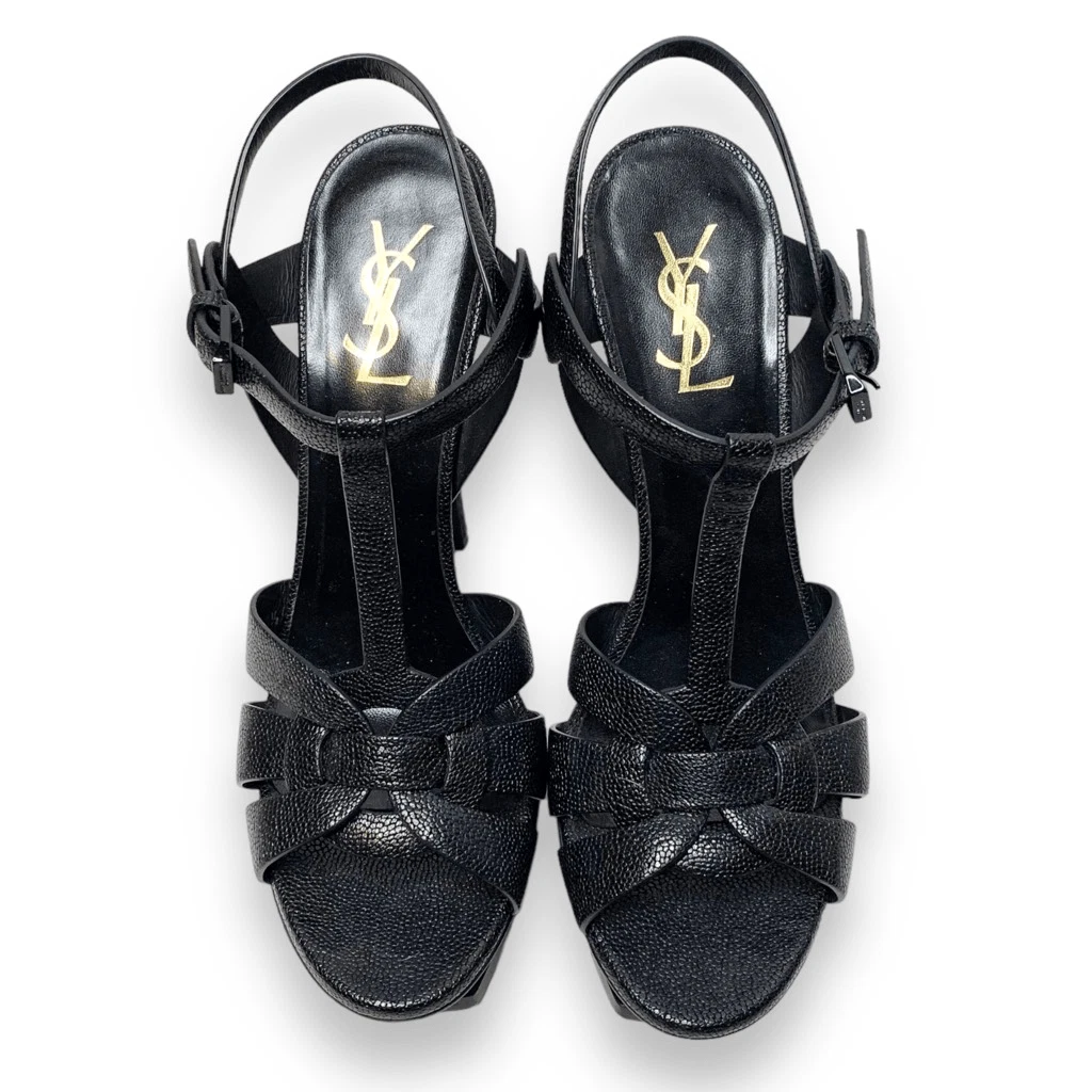 Saint Laurent Tribute 黑色粒面皮革厚底高跟鞋凉鞋 40.5 码-