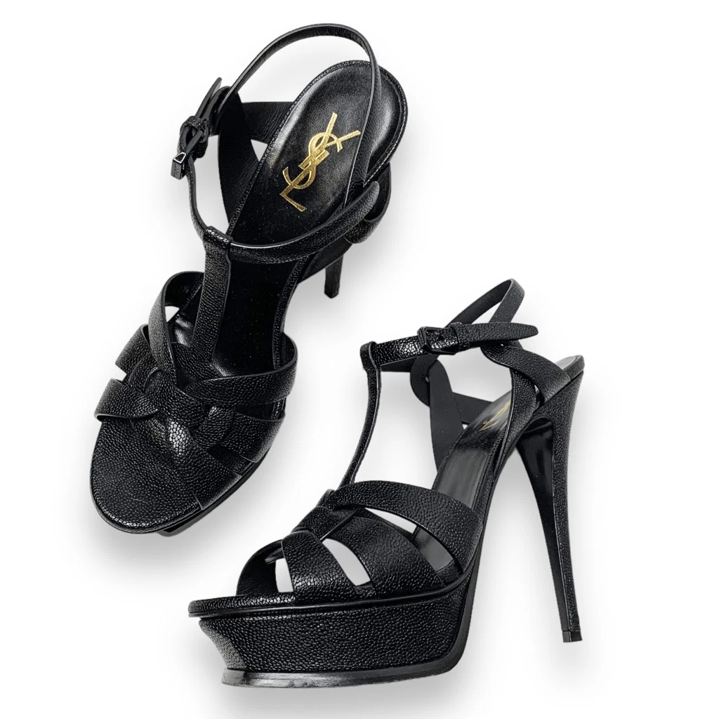 Saint Laurent Tribute 黑色粒面皮革厚底高跟鞋凉鞋 40.5 码-