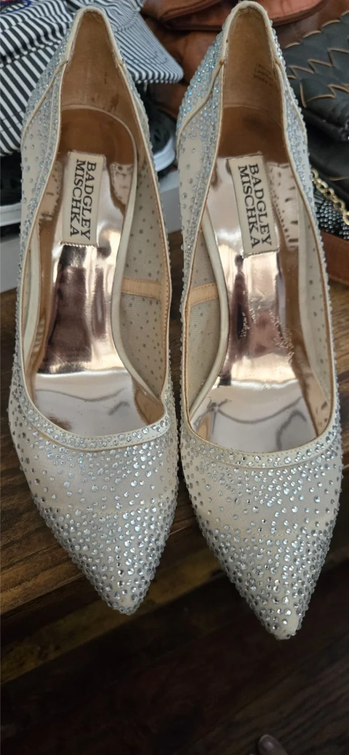 Badgley Mischka 水钻高跟鞋 7 码裸网高跟鞋婚礼正装鞋-