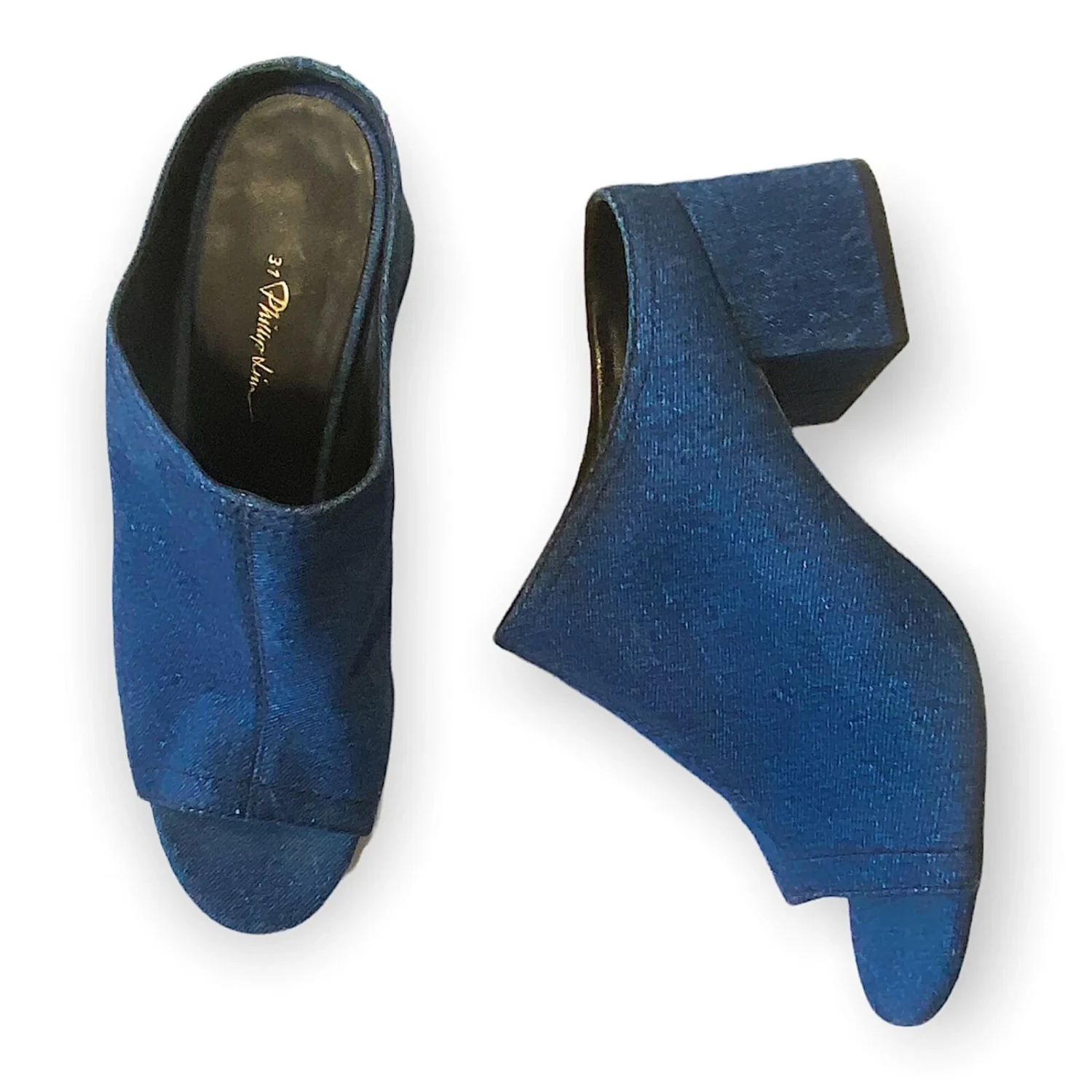 3.1 Phillip Lim Cube 牛仔粗跟骡子凉鞋,深色牛仔布-