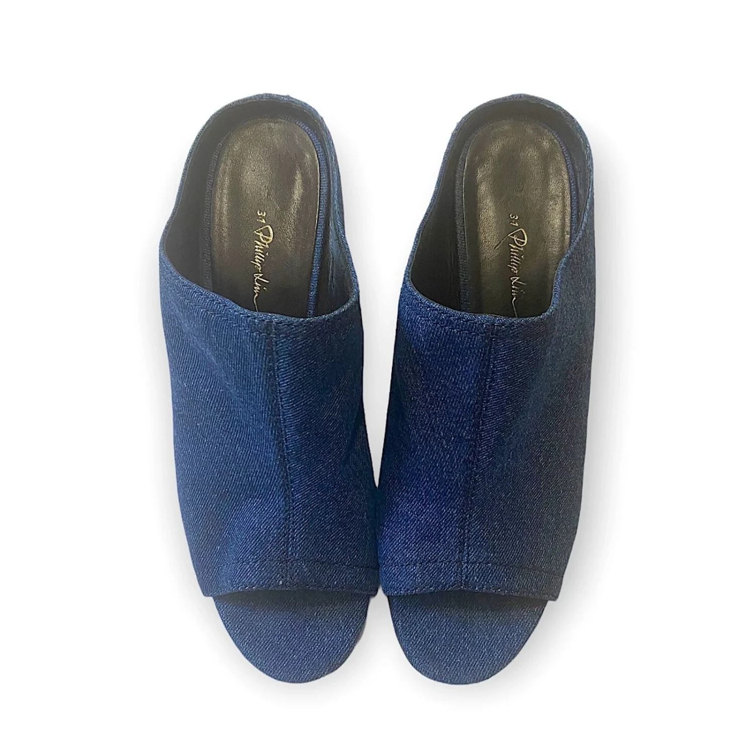 3.1 Phillip Lim Cube 牛仔粗跟骡子凉鞋,深色牛仔布-