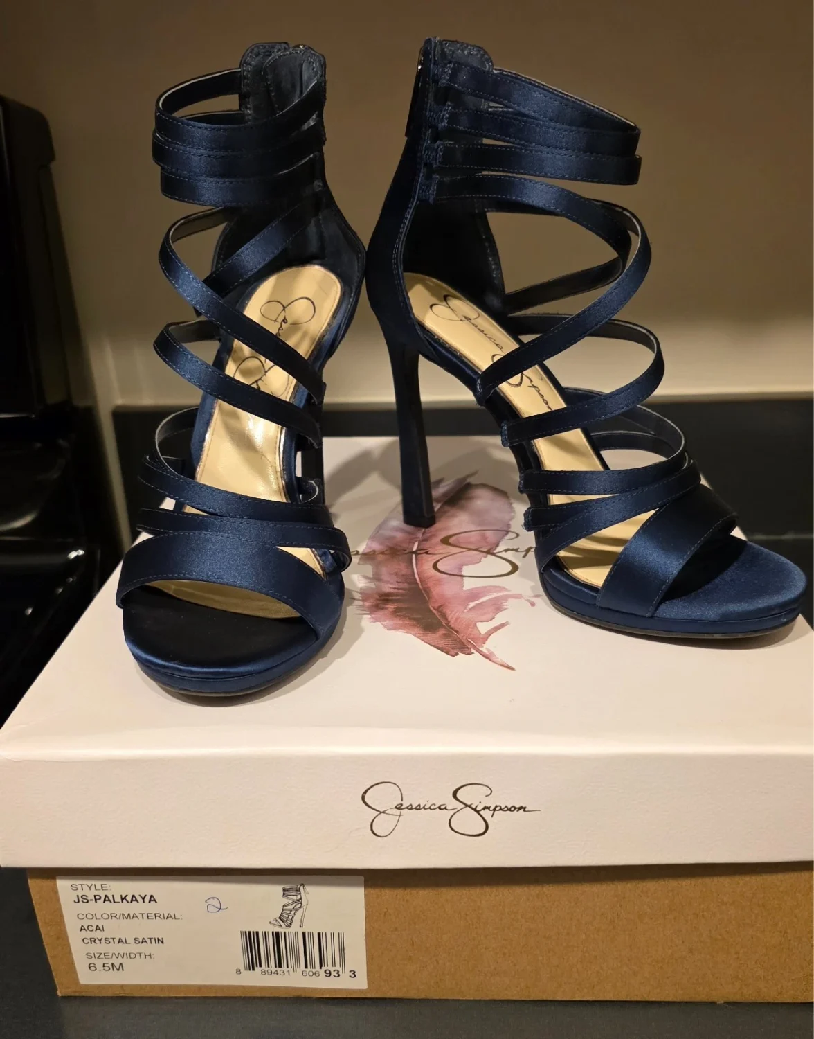 JESSICA SIMPSON 海军蓝 PALKAYA Acai 水晶缎面细高跟鞋露趾拉链高跟鞋 6.5-