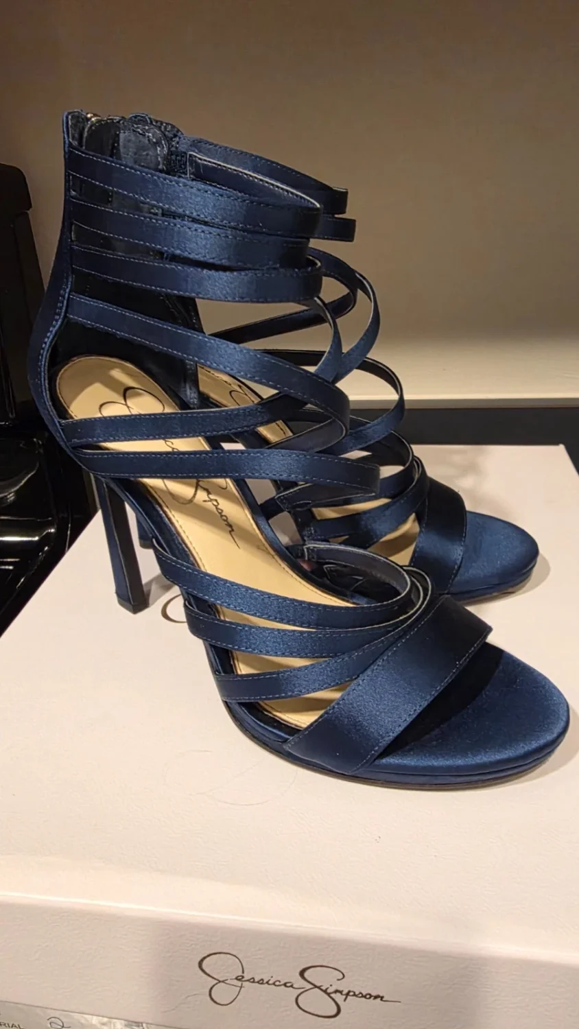 JESSICA SIMPSON 海军蓝 PALKAYA Acai 水晶缎面细高跟鞋露趾拉链高跟鞋 6.5-