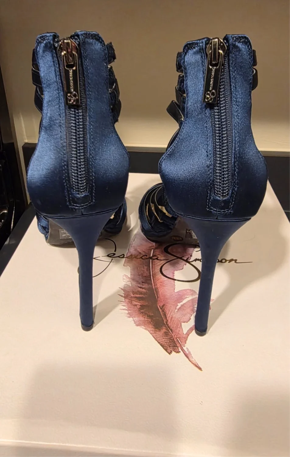 JESSICA SIMPSON 海军蓝 PALKAYA Acai 水晶缎面细高跟鞋露趾拉链高跟鞋 6.5-