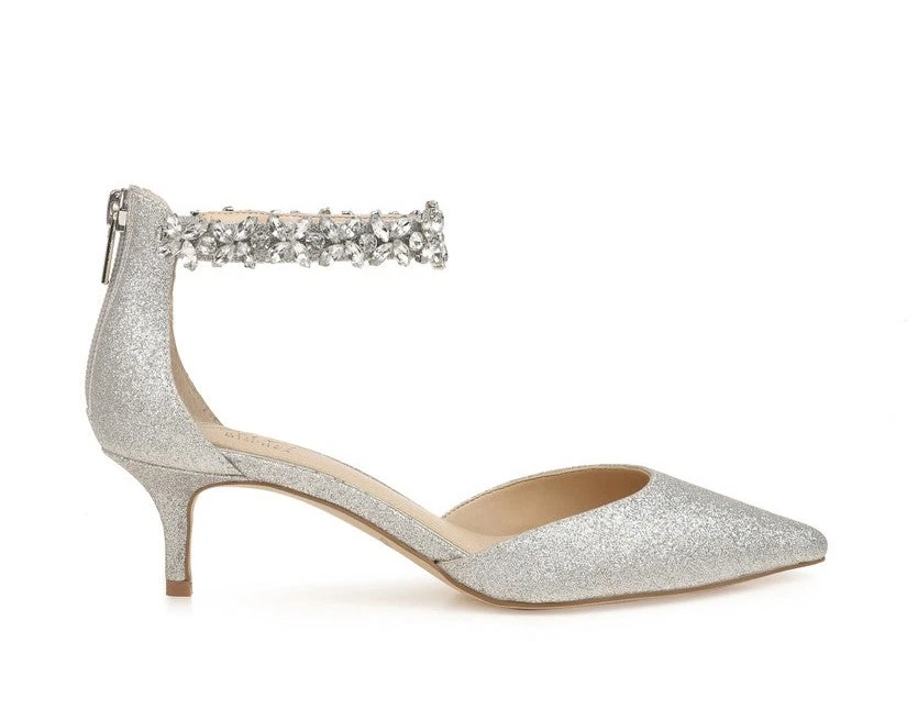 Jewel Badgley Mischka 鞋女式 5 码银色闪光水钻踝带-