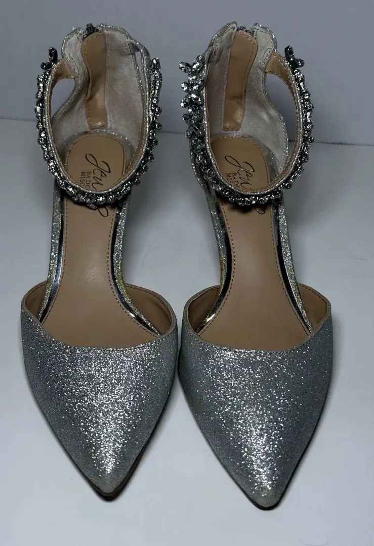Jewel Badgley Mischka 鞋女式 5 码银色闪光水钻踝带-