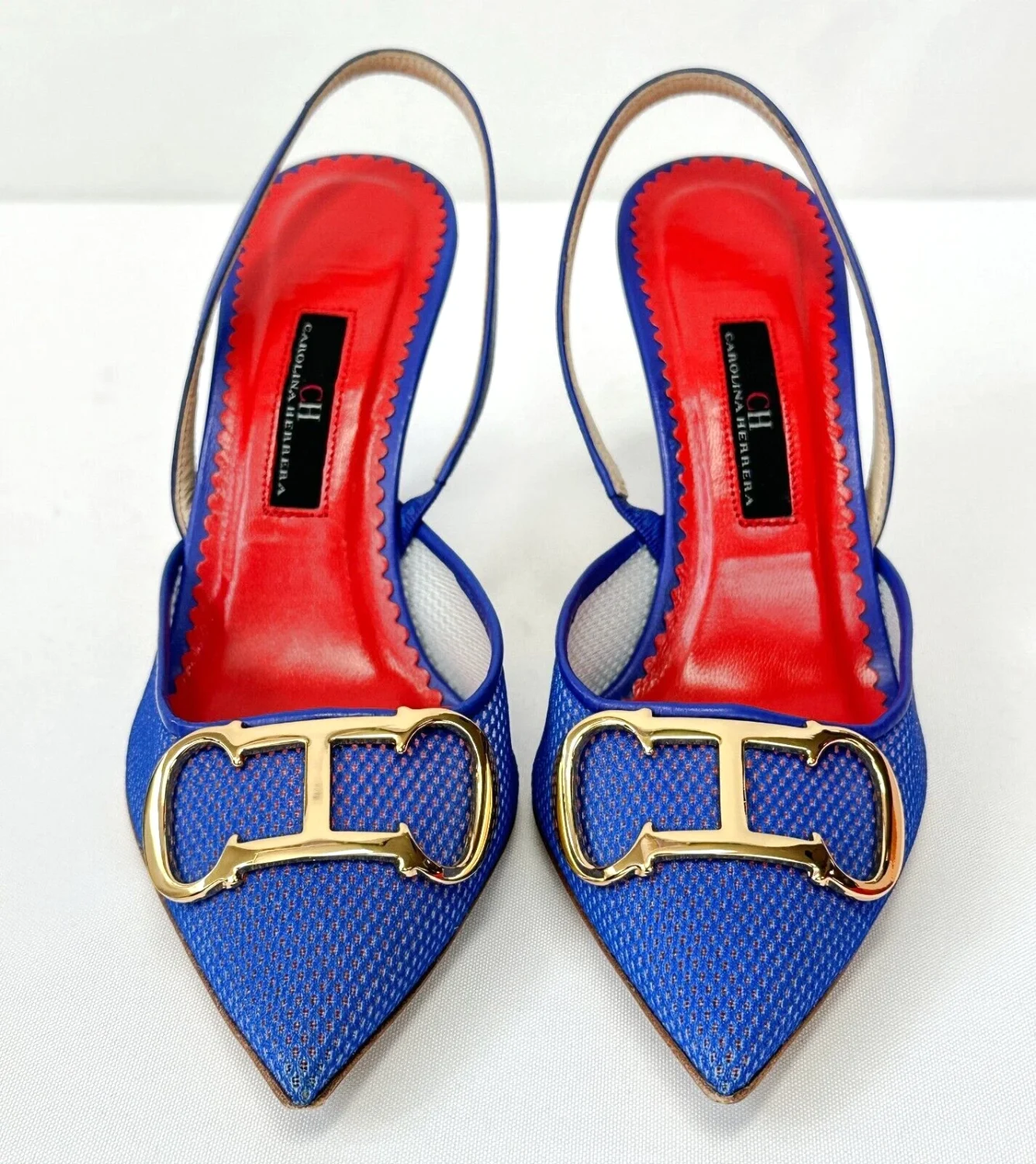 CAROLINA HERRERA 36 Slingback 80 网眼泵 5.5 蓝色金色标志扣背-