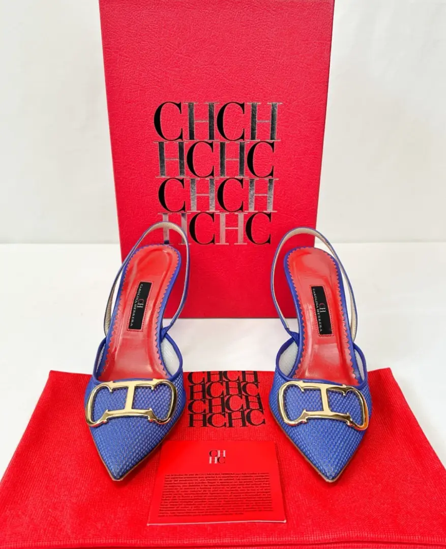 CAROLINA HERRERA 36 Slingback 80 网眼泵 5.5 蓝色金色标志扣背-