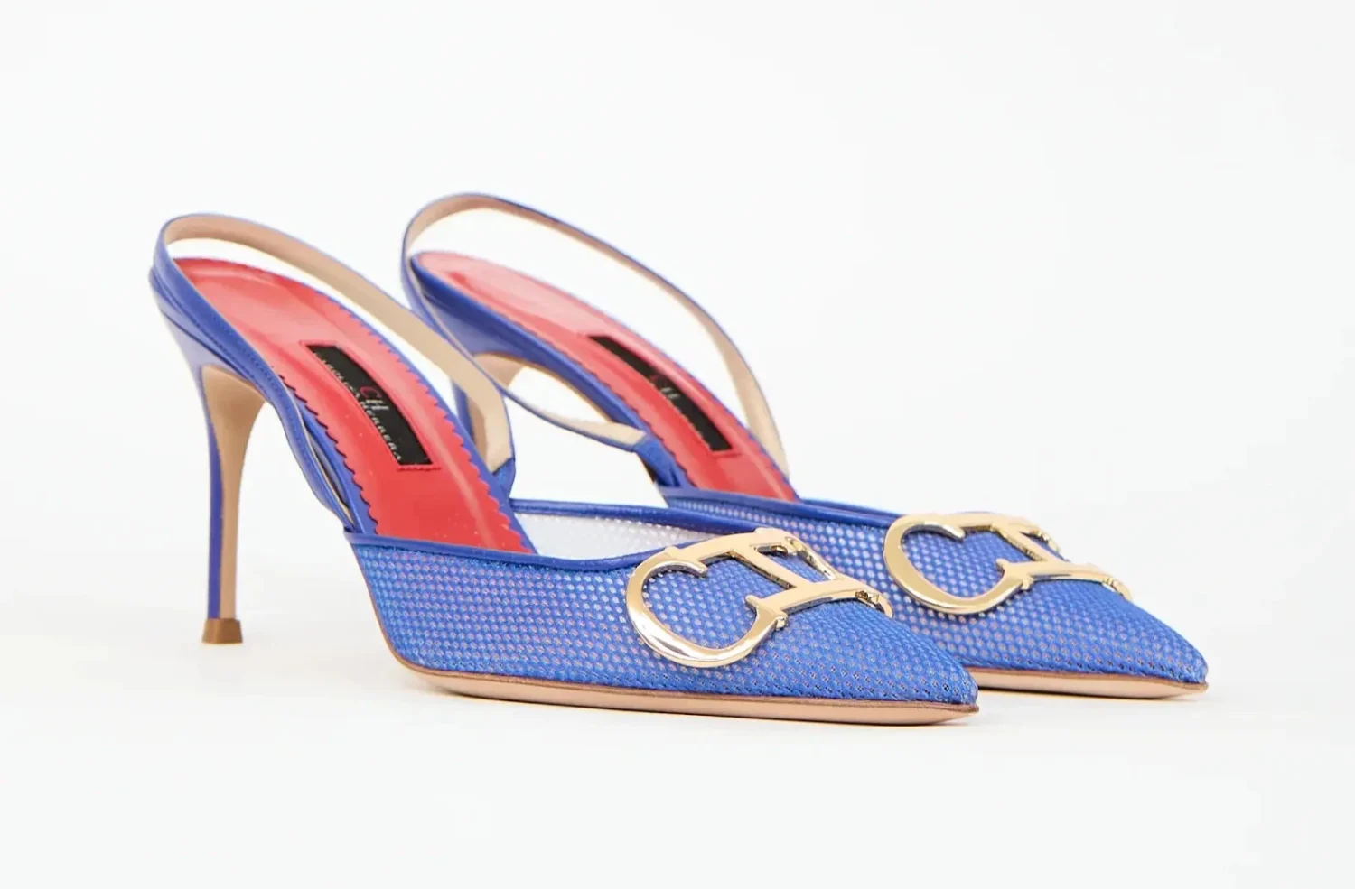 CAROLINA HERRERA 36 Slingback 80 网眼泵 5.5 蓝色金色标志扣背-