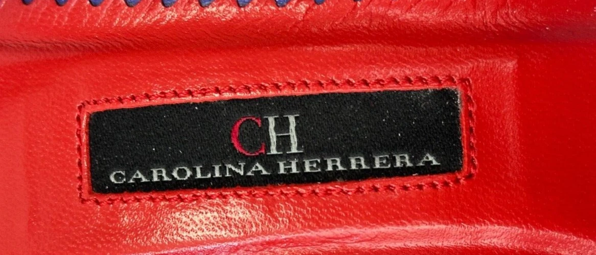CAROLINA HERRERA 36 Slingback 80 网眼泵 5.5 蓝色金色标志扣背-