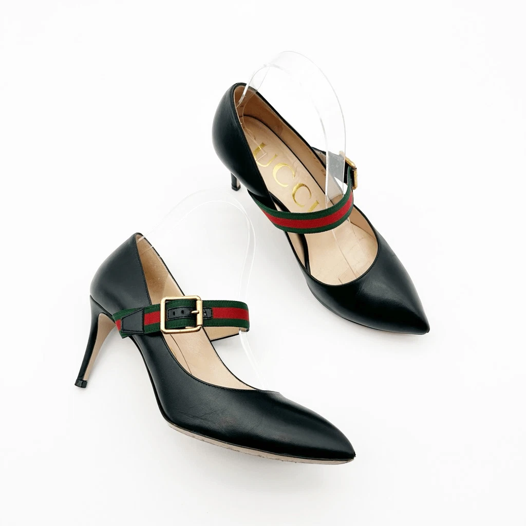 GUCCI Sylvie 黑色皮革高跟鞋 37 码 US 7 Web Mary Jane 扣带-